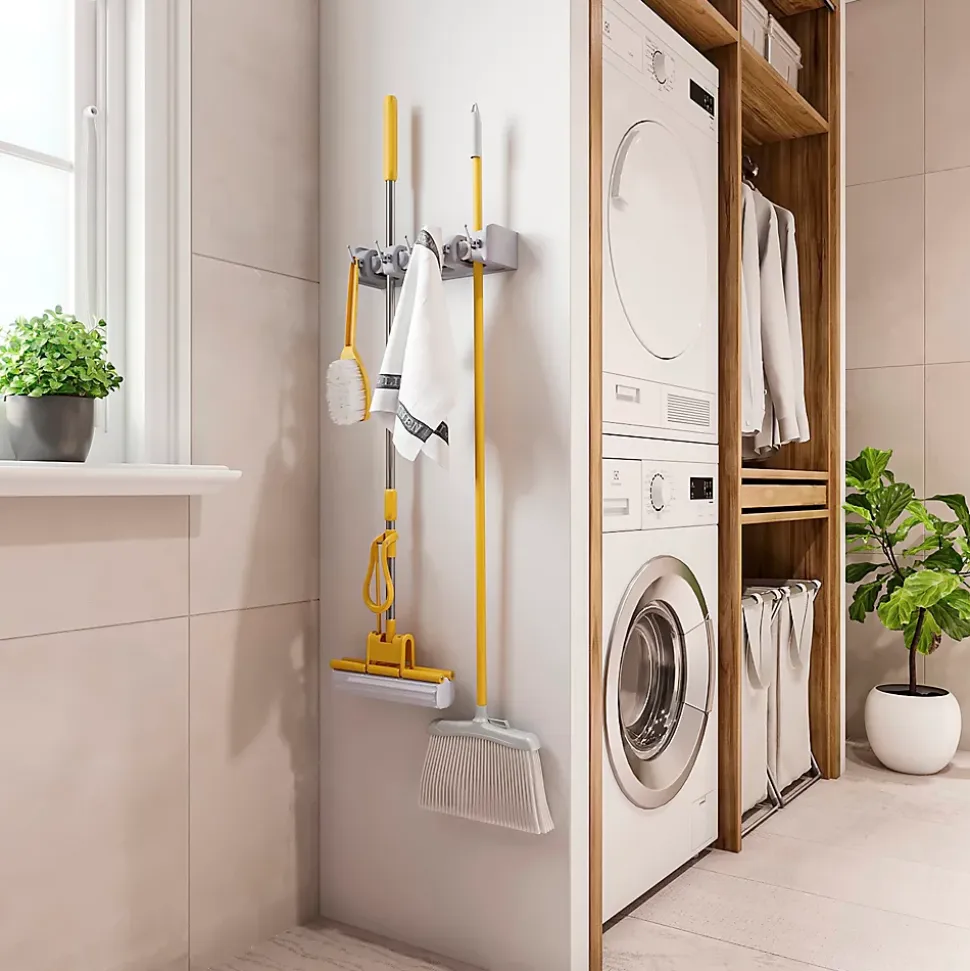 Emuca Porte balay et Porte Mops, avec 5 crochets et 4 trous, Plastique, Gris