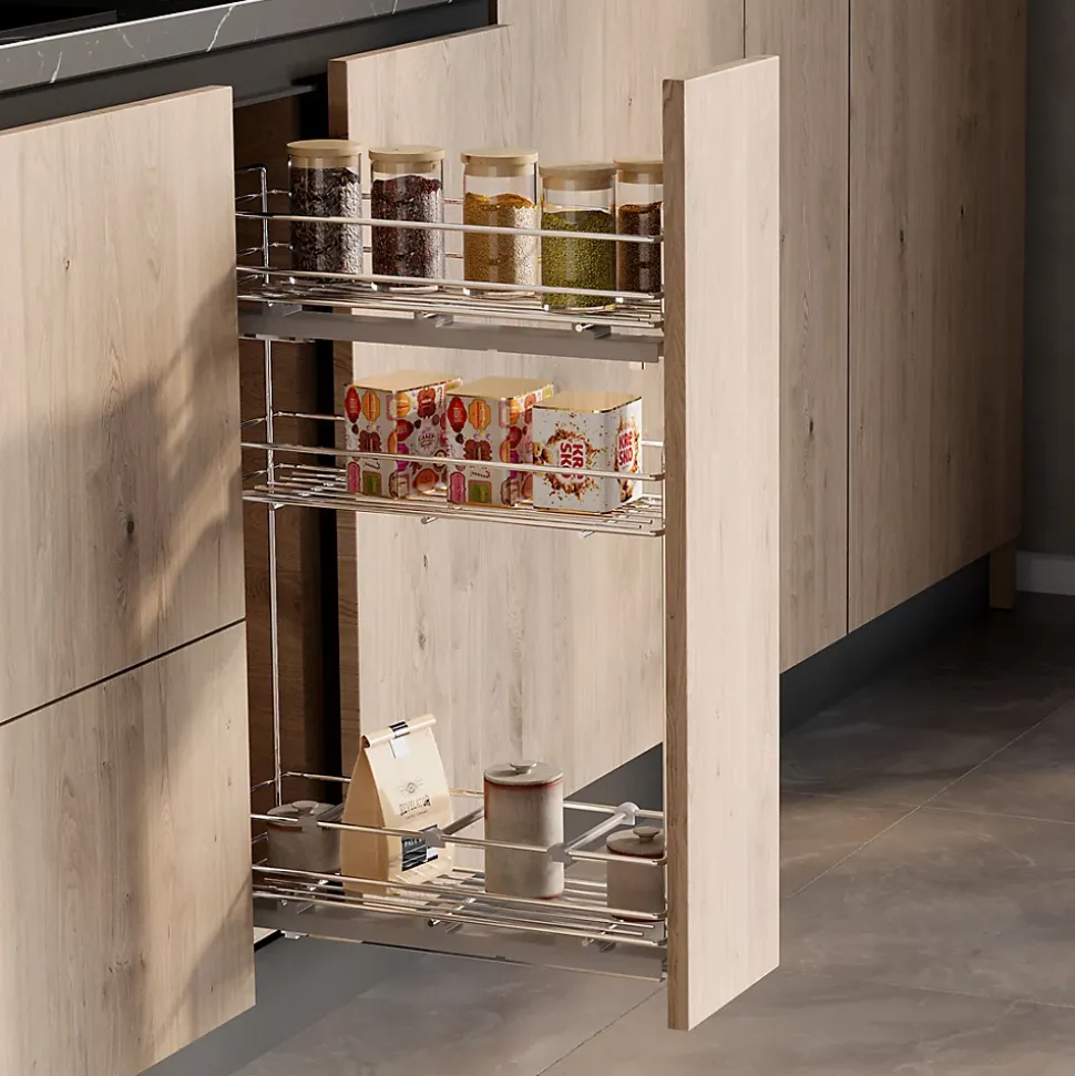 Emuca porte-bouteilles extractible SupraMax avec fermeture à amortie, gauche, 3 plateaux, module 200mm, Acier, Chromé