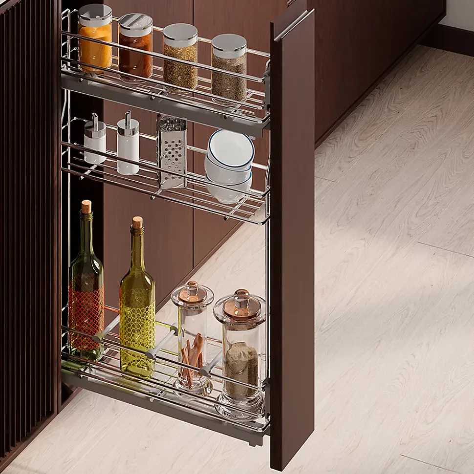 Emuca porte-bouteilles extractible SupraMax avec fermeture à amortie, gauche, 3 plateaux, module 150mm, Acier, Chromé