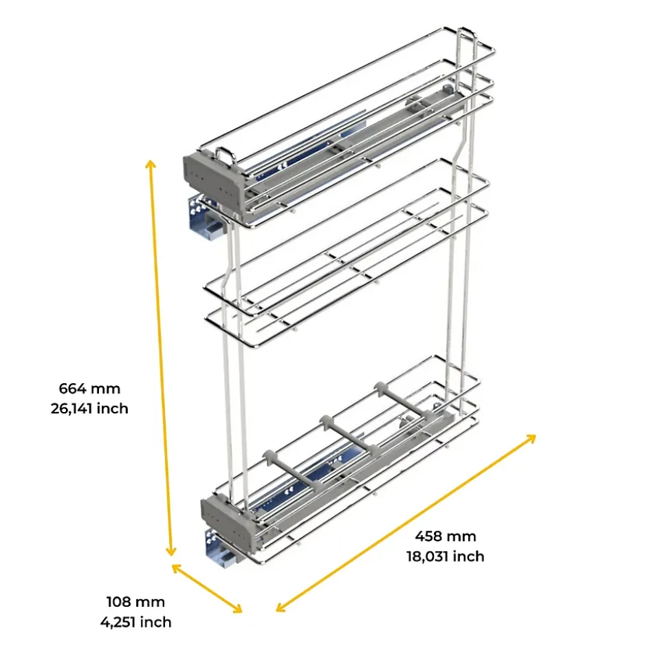 Emuca porte-bouteilles extractible SupraMax avec fermeture à amortie, gauche, 3 plateaux, module 150mm, Acier, Chromé