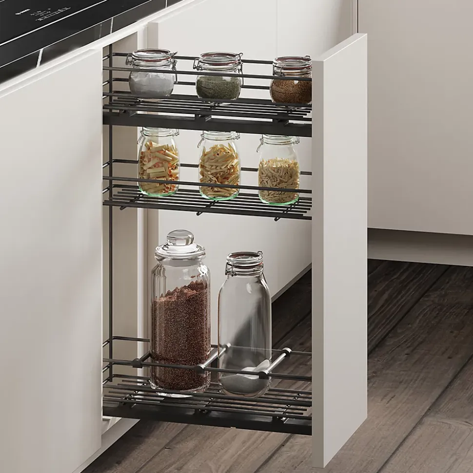 Emuca porte-bouteilles extractible TitaneMax avec fermeture à amortie, gauche, 3 plateaux, module 200mm, Acier, Gris Anthracite