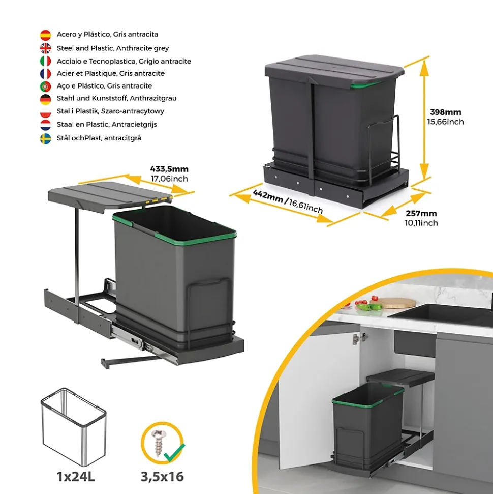 Emuca Poubelle de recyclage Recycle pour cuisine, 24 L, fixation au fond et extraction manuelle/automatique, Plastique gris
