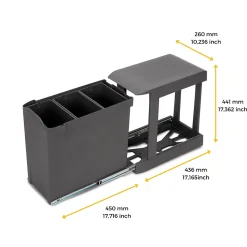 Emuca Poubelles de recyclage pour la cuisine, 3 x 10L, fixation inférieure et extraction automatique, Acier et Plastique, Gris