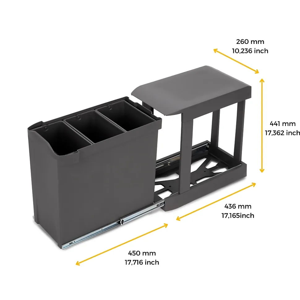 Emuca Poubelles de recyclage pour la cuisine, 3 x 10L, fixation inférieure et extraction automatique, Acier et Plastique, Gris