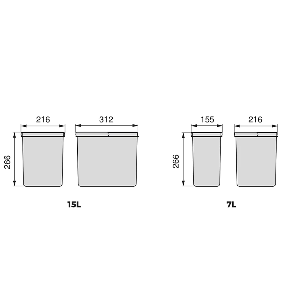 Emuca Poubelles pour tiroir de cuisine Recycle avec couvercle anti-odeurs, Hauteur 266, 3x15litres, 2x7litres, Plastique gris