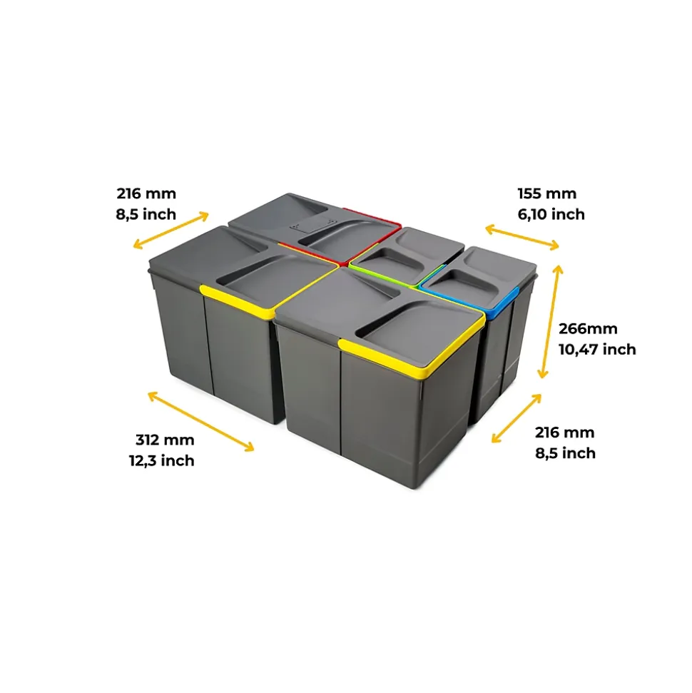 Emuca Poubelles pour tiroir de cuisine Recycle avec couvercle anti-odeurs, Hauteur 266, 3x15litres, 2x7litres, Plastique gris