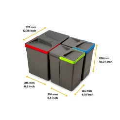 Emuca Poubelles pour tiroir de cuisine Recycle avec couvercle anti-odeurs, Hauteur 266, 1x15litres, 2x7litres, Plastique gris
