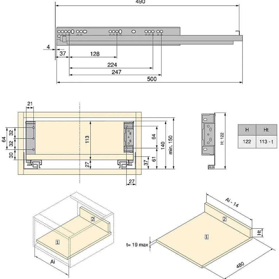 Emuca Tiroir extérieur Simplex 25kg hauteur 122mm, profondeur 490mm, acier, Gris antracite