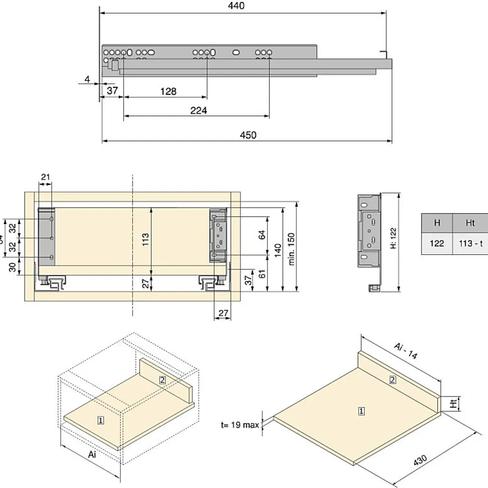 Emuca Tiroir extérieur Simplex 25kg hauteur 122mm, profondeur 440mm, acier, Gris antracite