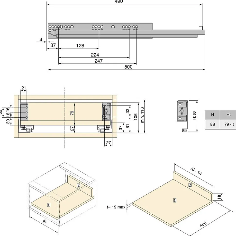 Emuca Tiroir extérieur Simplex 25kg hauteur 88mm, profondeur 490mm, acier, Gris antracite