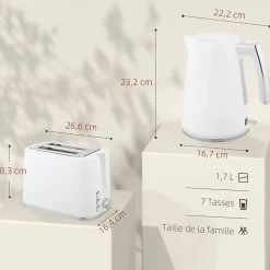 Ensemble bouilloire et grille-pain moderne - 1,7L 2200W - 2 tranches, brunissage 7 niv. - chromé blanc