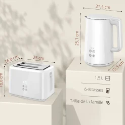 Ensemble bouilloire 1,5L et grille-pain 2200W 2 tranches 7 niveaux de brunissage plateau à miettes blanc gris