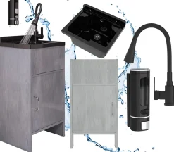 Ensemble complet lavabo Zinken Granitan Loma avec meuble PVC, siphon, robinet et distributeur de savon