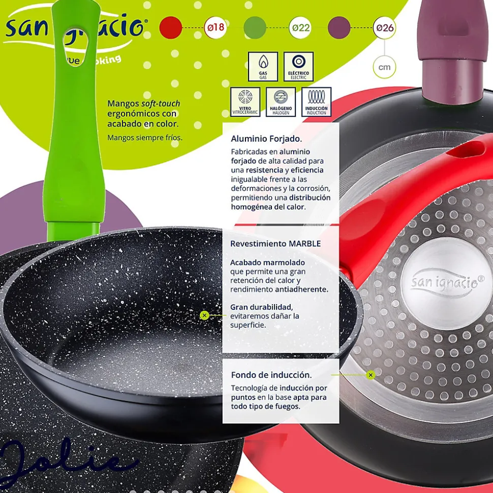 Ensemble de 3 poeles a frire San Ignacio Jolie 18-22-26cm avec ustensiles de cuisine