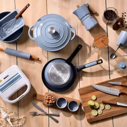 Ensemble de 3 poeles a frire Bergner Optimum Plus 18-22-26 cm avec ustensiles de cuisine