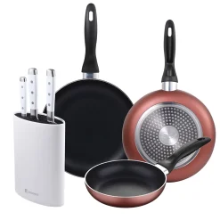 Ensemble de 3 poeles a frire San Ignacio en marbre rouge marine, 16-20-24 cm, avec bloc a couteaux.