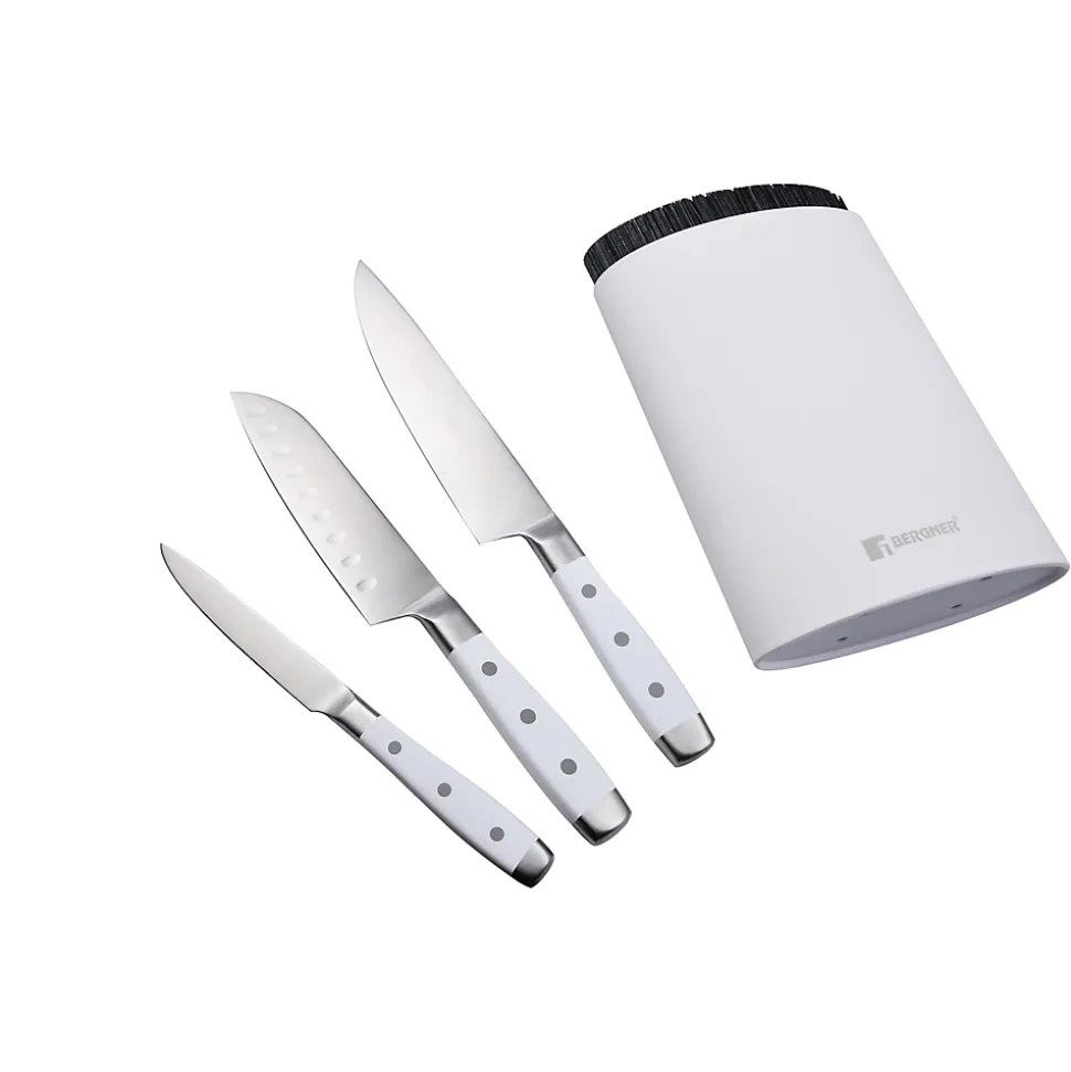 Ensemble de 3 poeles a frire San Ignacio en marbre rouge marine, 16-20-24 cm, avec bloc a couteaux.