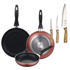 Ensemble de 3 poeles a frire San Ignacio Navy Red Marble 16-20-24cm avec couteaux de cuisine