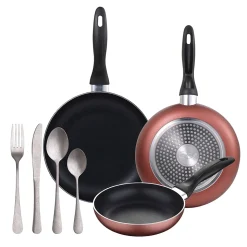 Ensemble de 3 poeles a frire San Ignacio en marbre rouge marine 16-20-24cm avec couverts