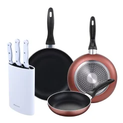 Ensemble de 3 poeles a frire San Ignacio en marbre rouge marine, 16-20-24 cm, avec bloc a couteaux.