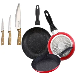 Ensemble de 3 poeles a frire San Ignacio Navy Red Marble 16-20-24cm avec couteaux de cuisine
