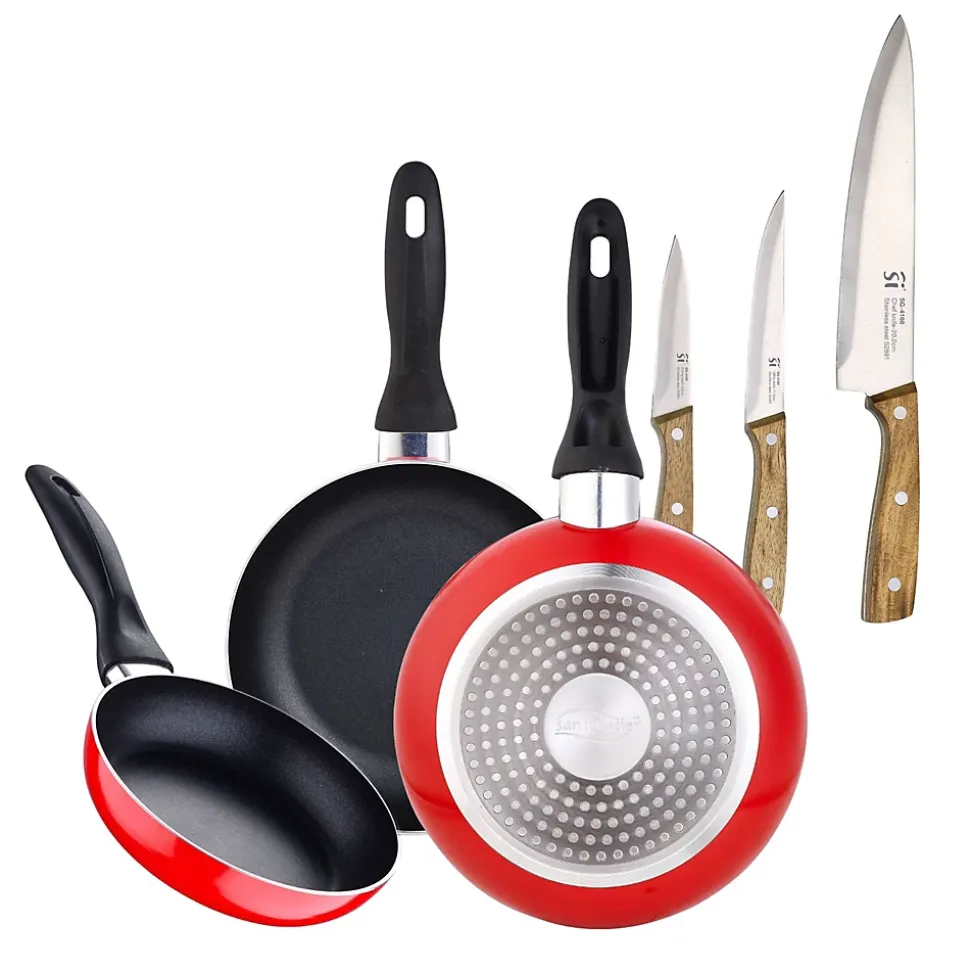 Ensemble de 3 poeles a frire San Ignacio Navy Red 16-20-24cm avec couteaux de cuisine