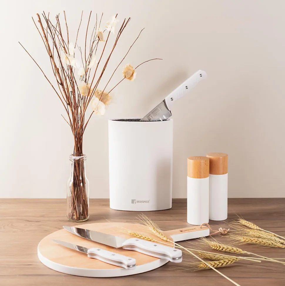 Ensemble de 3 poeles a frire San Ignacio en marbre rouge marine, 16-20-24 cm, avec bloc a couteaux.