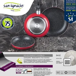 Ensemble de 3 poeles a frire San Ignacio en marbre rouge marine, 16-20-24 cm, avec bloc a couteaux.