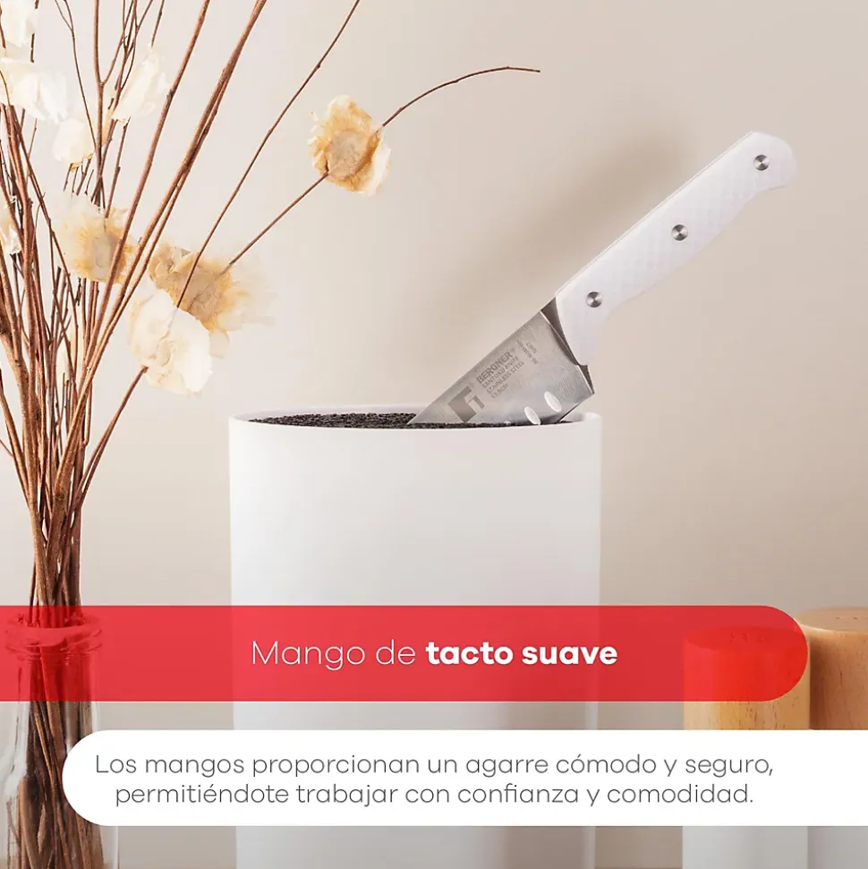 Ensemble de 3 poeles a frire San Ignacio en marbre rouge marine, 16-20-24 cm, avec bloc a couteaux.