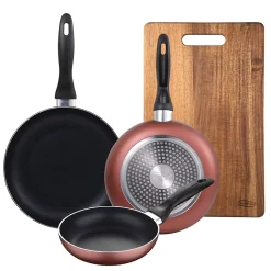 Ensemble de 3 poeles a frire San Ignacio en marbre rouge marine 16-20-24cm avec planche a découper