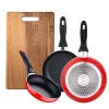 Ensemble de 3 poeles a frire San Ignacio rouge marine 16-20-24cm avec planche a découper