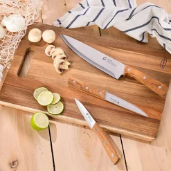 Ensemble de 3 poeles a frire San Ignacio rouge marine 16-20-24cm avec planche a découper