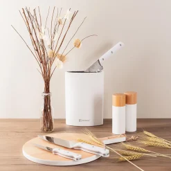 Ensemble de 3 poeles San Ignacio rouge marine 16-20-24cm avec bloc a couteaux