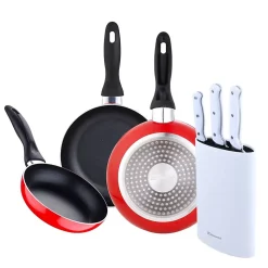 Ensemble de 3 poeles San Ignacio rouge marine 16-20-24cm avec bloc a couteaux