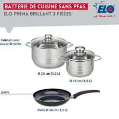 Ensemble de 1 Poêle de cuisson 24 cm et 2 faitouts 16 et 20 cm Elo Prima Brillant