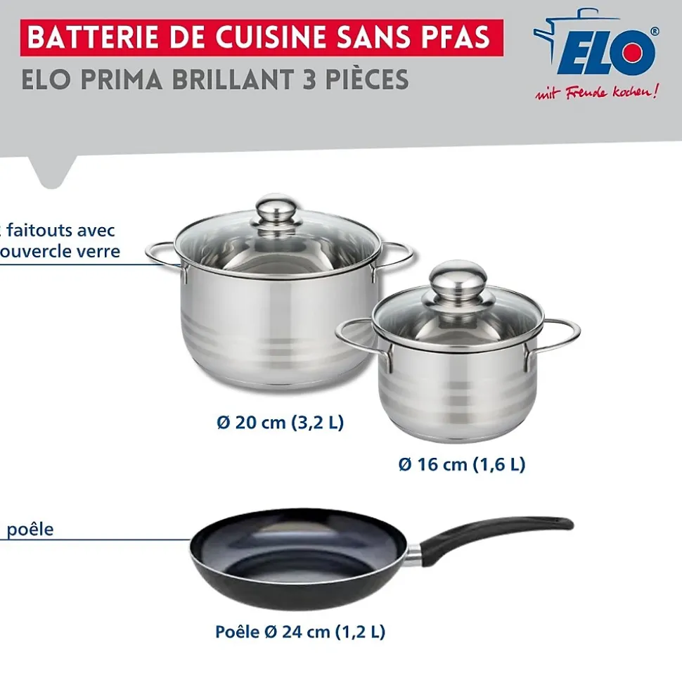 Ensemble de 1 Poêle de cuisson 24 cm et 2 faitouts 16 et 20 cm Elo Prima Brillant