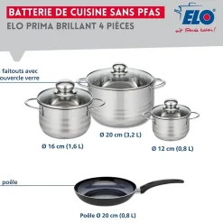 Ensemble de 1 Poêle de cuisson 20 cm et 3 faitouts 12, 16 et 20 cm Elo Prima Brillant