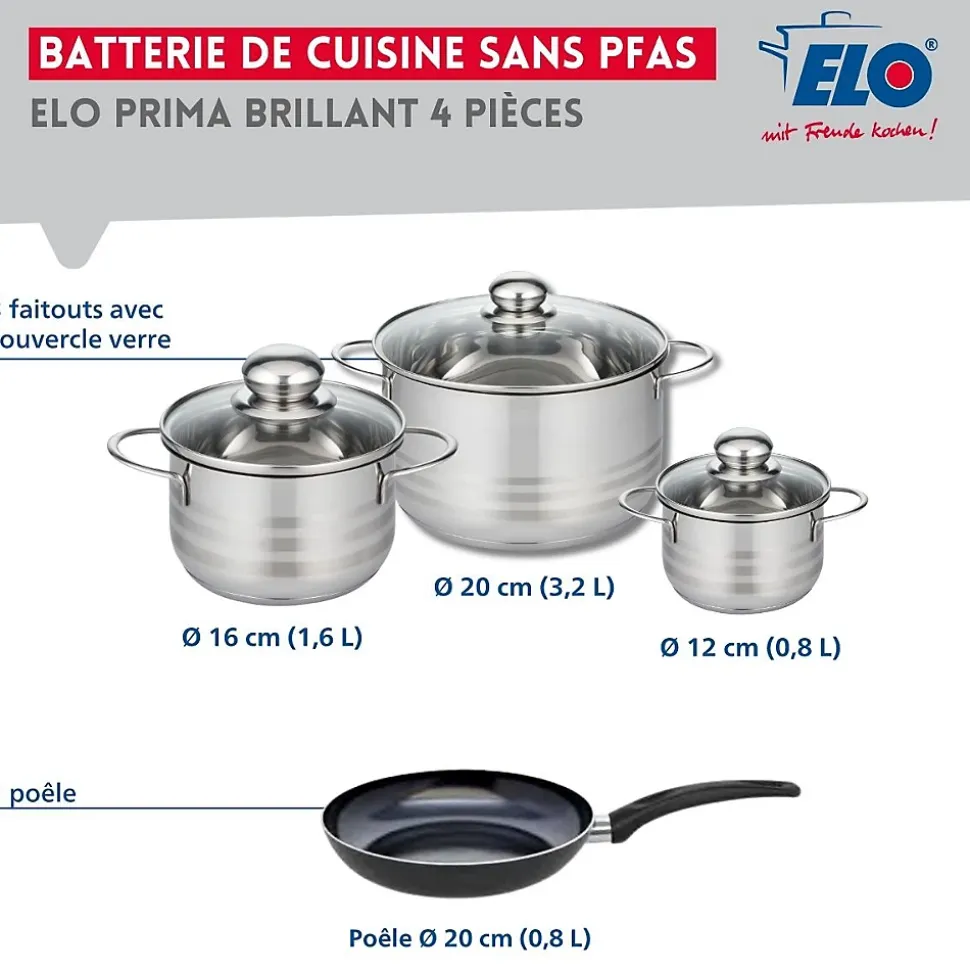 Ensemble de 1 Poêle de cuisson 20 cm et 3 faitouts 12, 16 et 20 cm Elo Prima Brillant