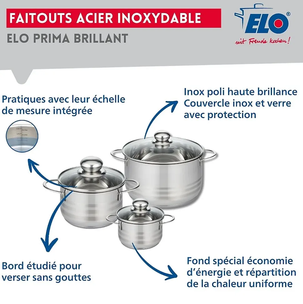 Ensemble de 1 Poêle de cuisson 20 cm et 3 faitouts 12, 16 et 20 cm Elo Prima Brillant
