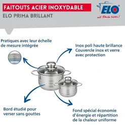 Ensemble de 1 Poêle de cuisson 24 cm et 2 faitouts 12 et 16 cm Elo Prima Brillant