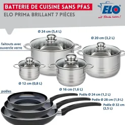 Ensemble de 3 Poêles de cuisson 24, 28 et 32 cm et 4 faitouts 12, 16, 20 et 24 cm Elo Prima Brillant