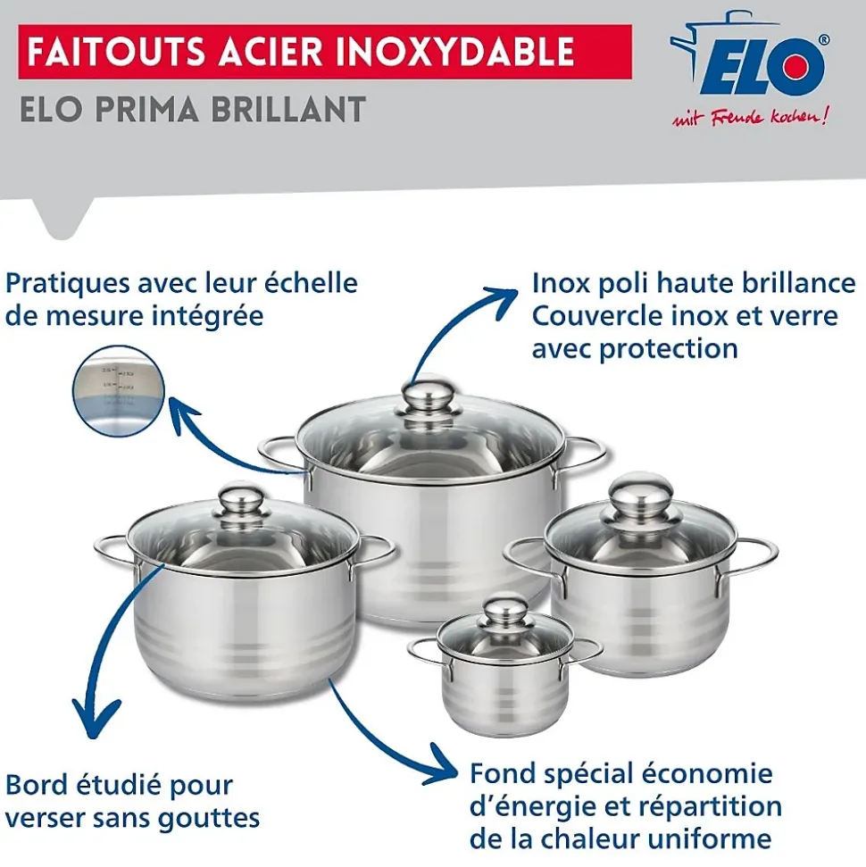 Ensemble de 2 Poêles de cuisson 24 et 28 cm et 4 faitouts 12, 16, 20 et 24 cm Elo Prima Brillant