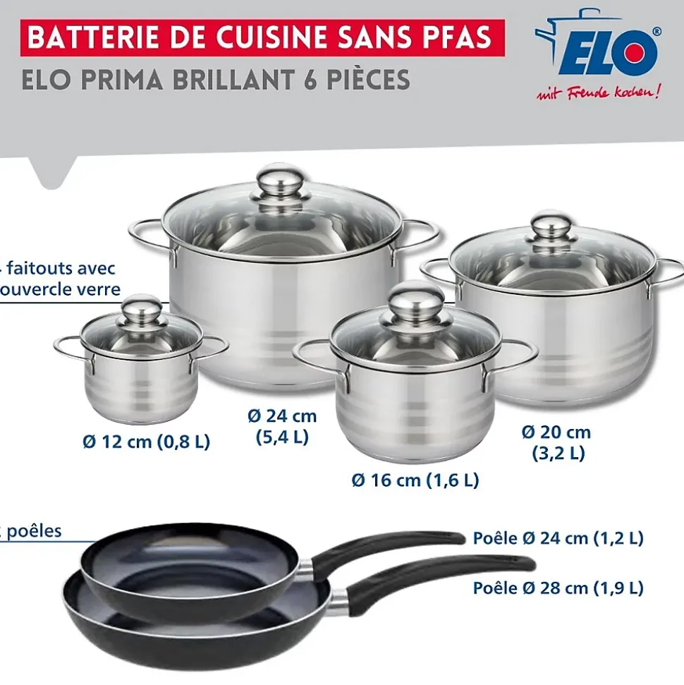 Ensemble de 2 Poêles de cuisson 24 et 28 cm et 4 faitouts 12, 16, 20 et 24 cm Elo Prima Brillant