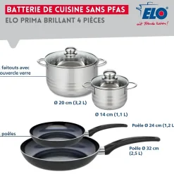 Ensemble de 2 Poêles de cuisson 24 et 32 cm et 2 faitouts 14 et 20 cm Elo Prima Brillant