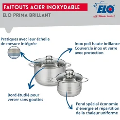 Ensemble de 2 Poêles de cuisson 24 et 32 cm et 2 faitouts 14 et 20 cm Elo Prima Brillant