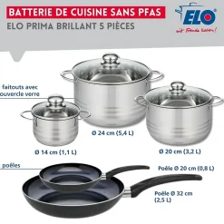 Ensemble de 2 Poêles de cuisson 20 et 32 cm et 3 faitouts 14, 20 et 24 cm Elo Prima Brillant