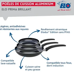 Ensemble de 3 Poêles de cuisson 20, 24 et 28 cm et 3 faitouts 14, 20 et 24 cm Elo Prima Brillant