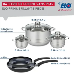 Ensemble de 2 Poêles de cuisson 24 et 28 cm et 3 faitouts 12, 14 et 24 cm Elo Prima Brillant