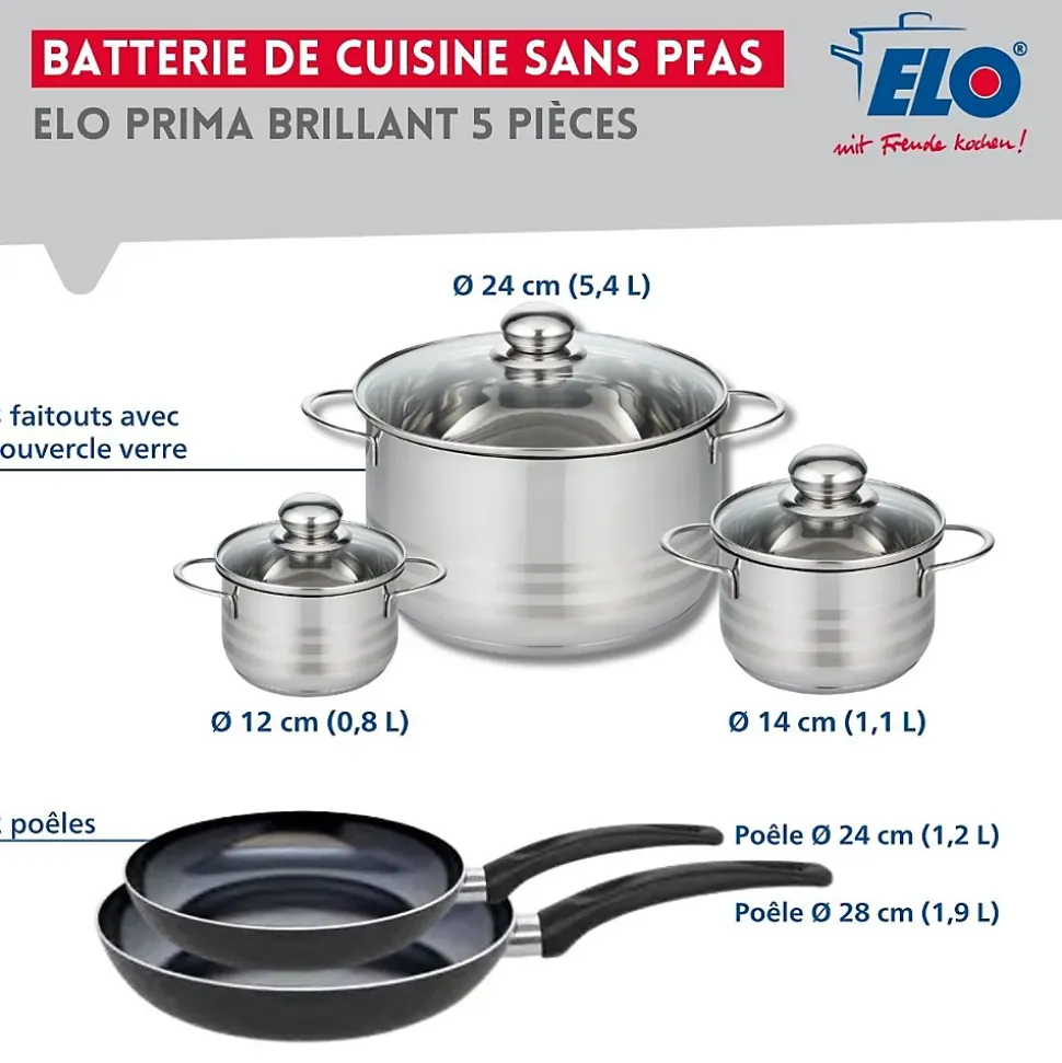 Ensemble de 2 Poêles de cuisson 24 et 28 cm et 3 faitouts 12, 14 et 24 cm Elo Prima Brillant