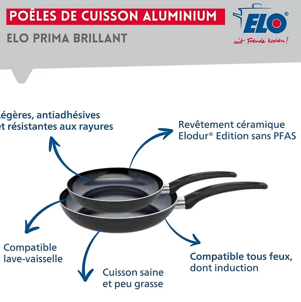 Ensemble de 2 Poêles de cuisson 24 et 28 cm et 3 faitouts 12, 14 et 24 cm Elo Prima Brillant